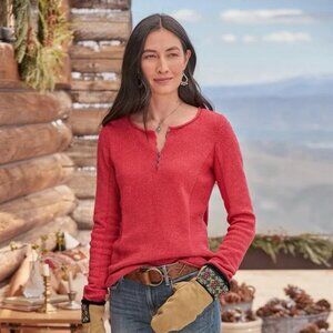 Sundance Homestead Henley Sweater Silk Cotton Knit Long Sleeve Top Boho size L